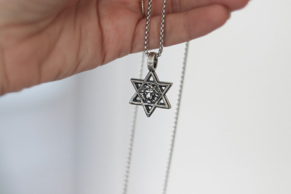 שרשרת עם כלביא מגן דוד בצבע כסף לגבר עם תליון ׳עם ישראל חי׳ וצורת אריה