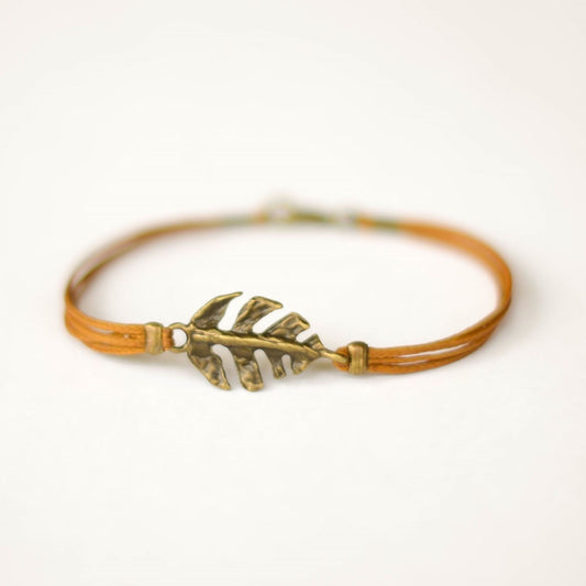 צמיד לגבר עלה נחושת חוט חום