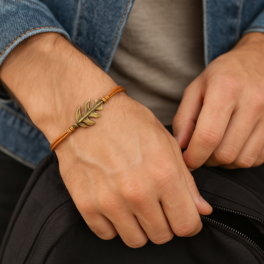 צמיד לגבר עלה נחושת חוט חום