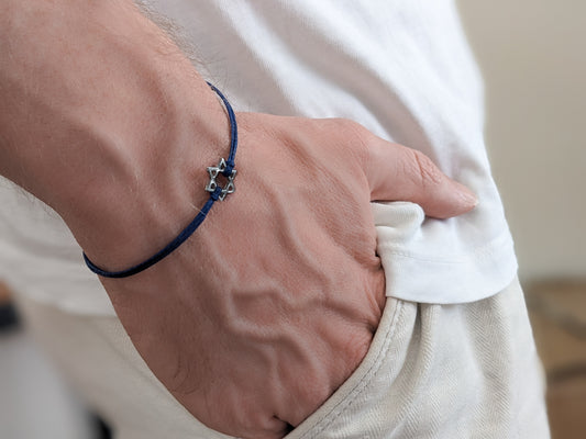 צמיד מגן דוד כסף לגבר חוט כחול עבודת יד