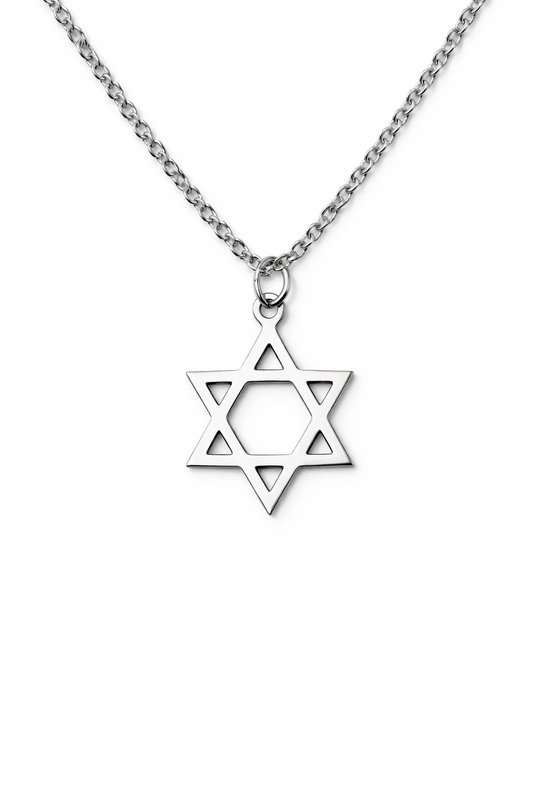 Silver Star of David necklace on a white background